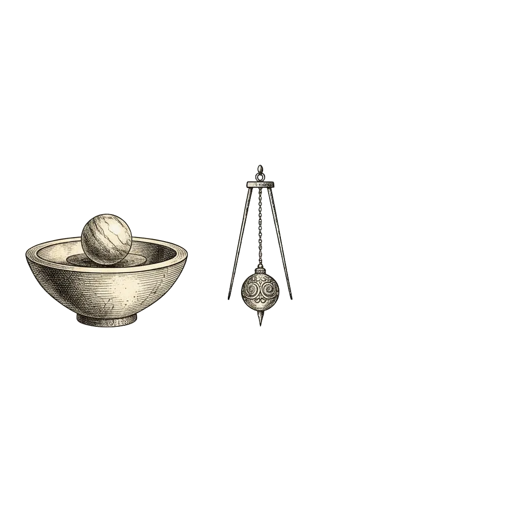 Elegant ink illustration of a marble rolling into a bowl, a pendulum coming to rest, and water flowing into a valley lake - each with 6174 at the resting point
