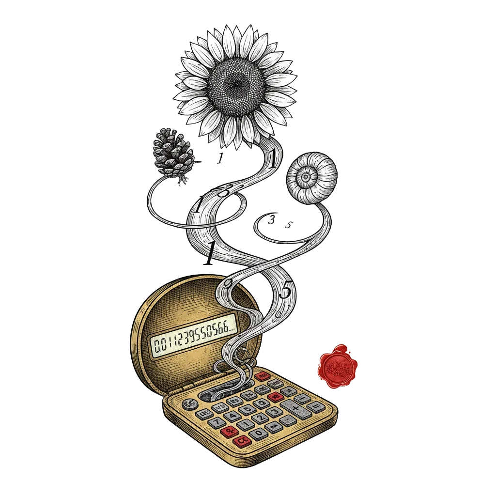 Vintage brass calculator with digits rising like vines blooming into a sunflower, pine cone and shell