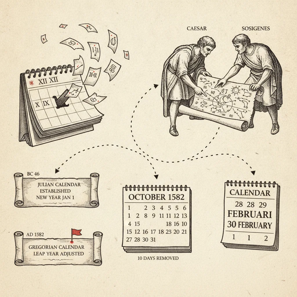 A combined recap illustration showing the calendar with torn pages, Caesar and Sosigenes over star charts, two timelines peeling apart, the October 1582 calendar gap, and the Swedish 30 February page, all connected by a dotted path