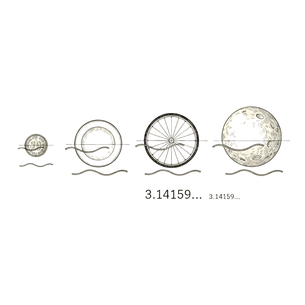 Ink illustration of a row of circles of different sizes - a coin, a plate, a bicycle wheel, the Moon - each with a string wrapped around its edge then unrolled beside a diameter line, showing the circumference is always just over three times the diameter, with 3.14159 trailing off the image edge