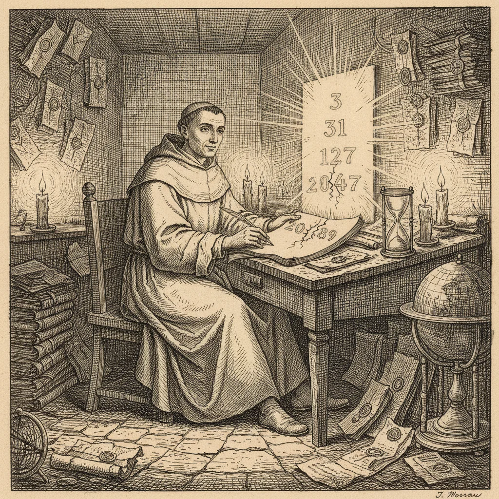 Mersenne in friar's robes at a Paris monastery desk surrounded by sealed letters, with a column of numbers on his page and 2047 cracked into 23 and 89