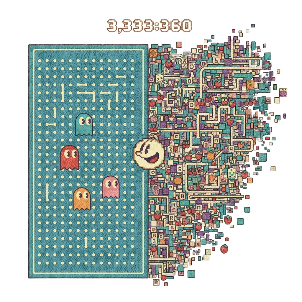 The Pac-Man level 256 split screen: left half is a normal maze with dots, right half is garbled chaos of tiles, letters and numbers. Pac-Man stands at the border. Score 3,333,360 glows at the top.