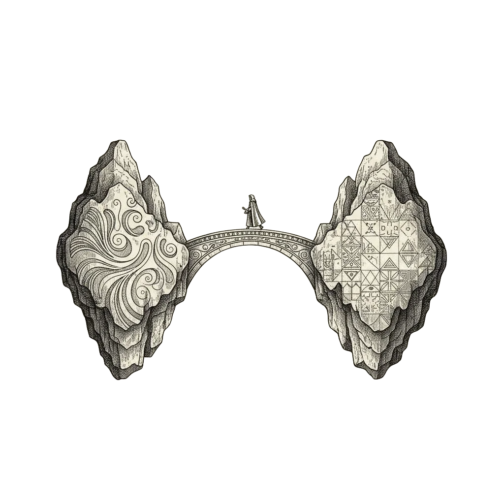 Two separate rocky islands connected by a graceful bridge - one island covered in flowing curves, the other in intricate symmetrical patterns - with a small figure crossing carrying a scroll