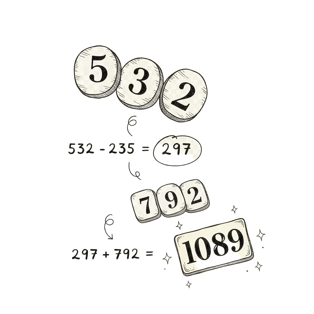 Step-by-step card trick illustration showing digit tiles for 532 flipping to 235, then subtraction giving 297, then flipping to 792, then addition landing on 1089