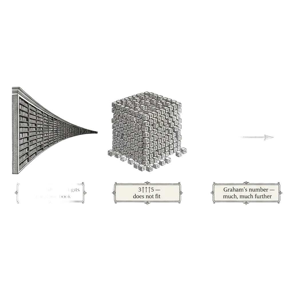 Scale illustration: a library to the horizon for 3↑↑4, the universe packed with digits overflowing for 3↑↑5, then an arrow off the edge for Graham's number