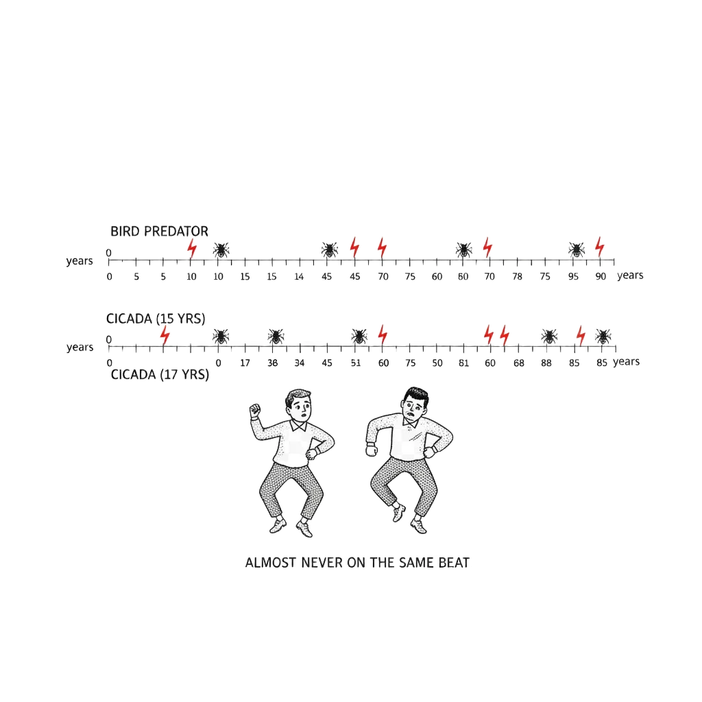 Two timelines showing a predator appearing every 5 years. On one timeline a 15-year cicada meets the predator at every emergence, marked with red flashes. On the other, a 17-year cicada mostly falls in the gaps, meeting the predator only at 85 years