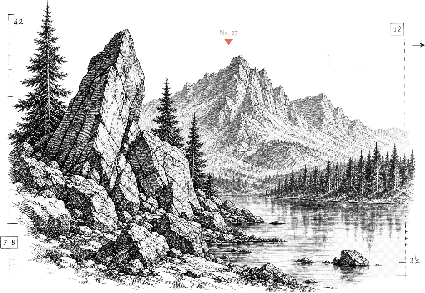 Ink-etched rocky mountains with overflow arrow and boxed digits, red specimen marker