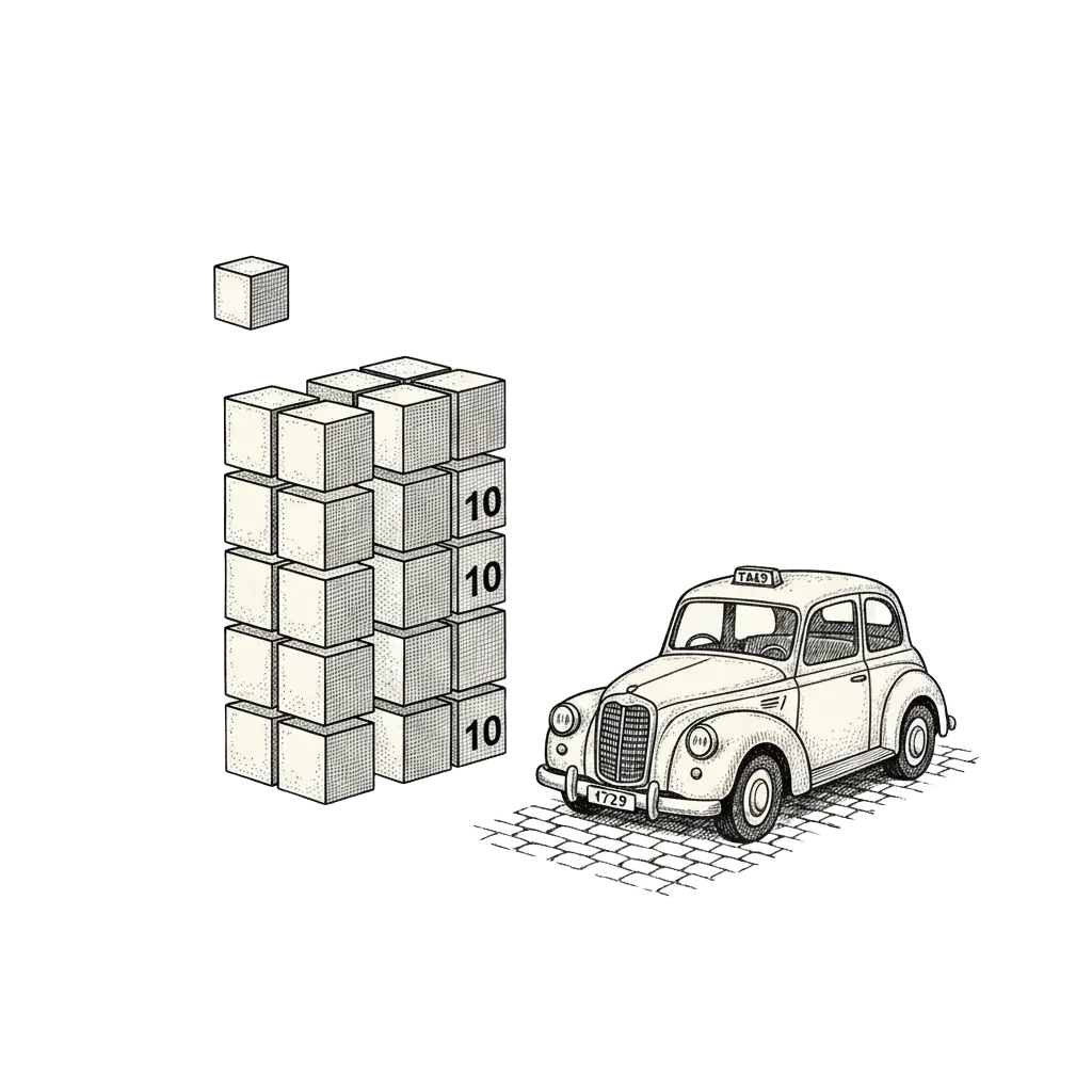 Two stacks of cubes nearly forming a larger cube, with one tiny cube left over, and a vintage taxi marked 1729