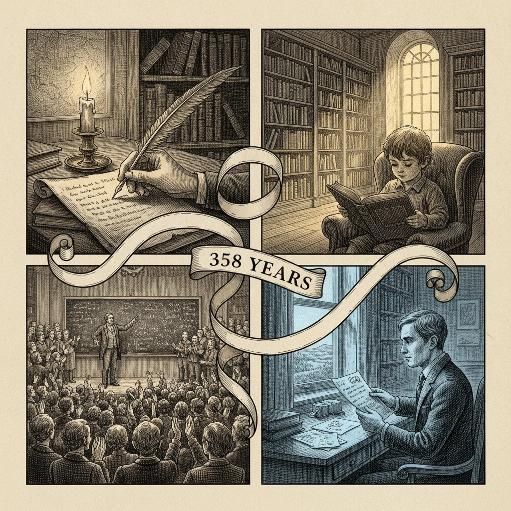 Final illustrated panel: Fermat's candlelit margin, the boy in the library, the packed lecture hall, and the morning of the revelation, all connected by a ribbon of 358 years
