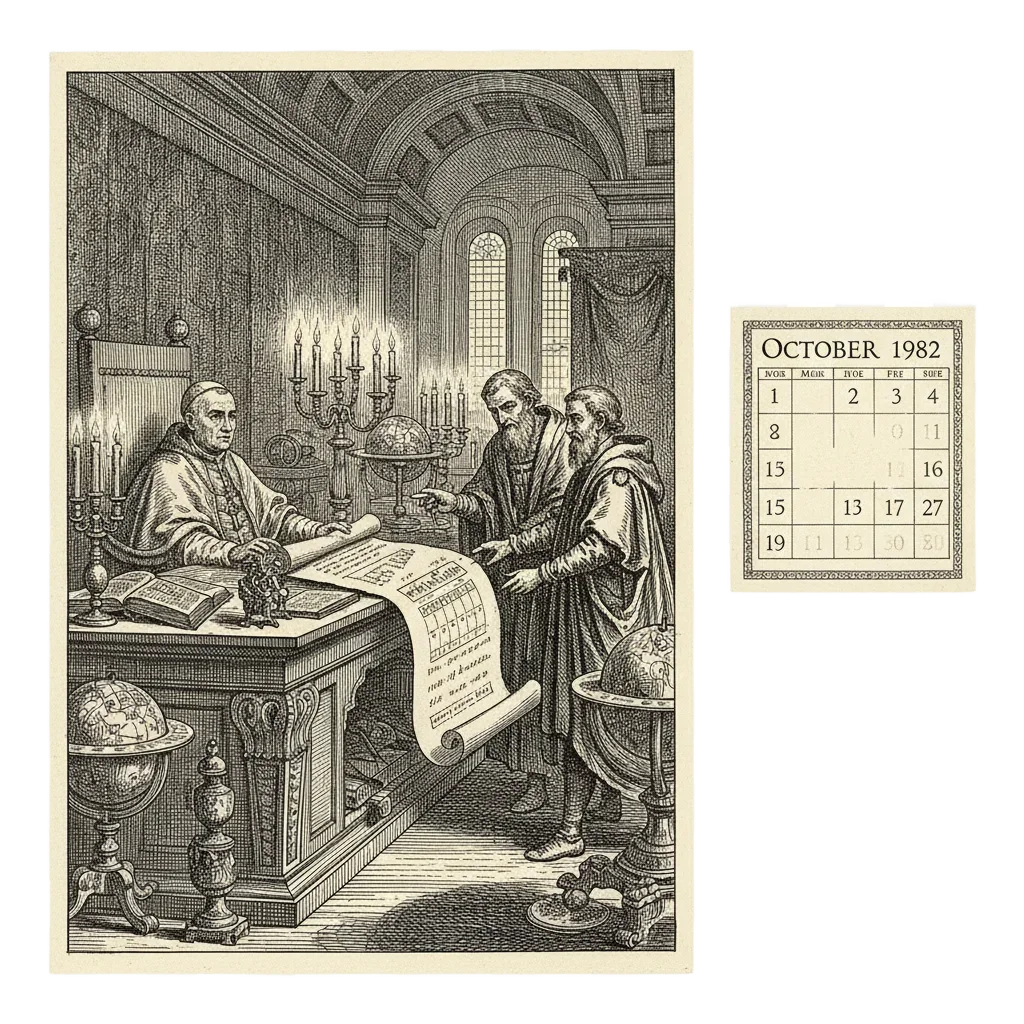 Pope Gregory XIII in a grand papal study with astronomers presenting a calendar scroll, and a close-up of the October 1582 calendar page with dates jumping from 4 to 15