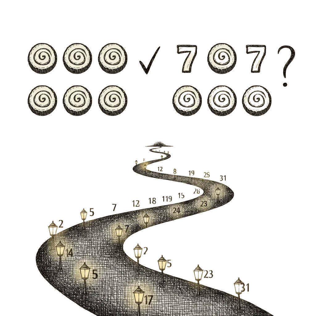 6 sweets in 2 rows of 3 with a tick; 7 sweets refusing to form equal rows; a road of numbers stretching to the horizon with primes glowing like lamp posts