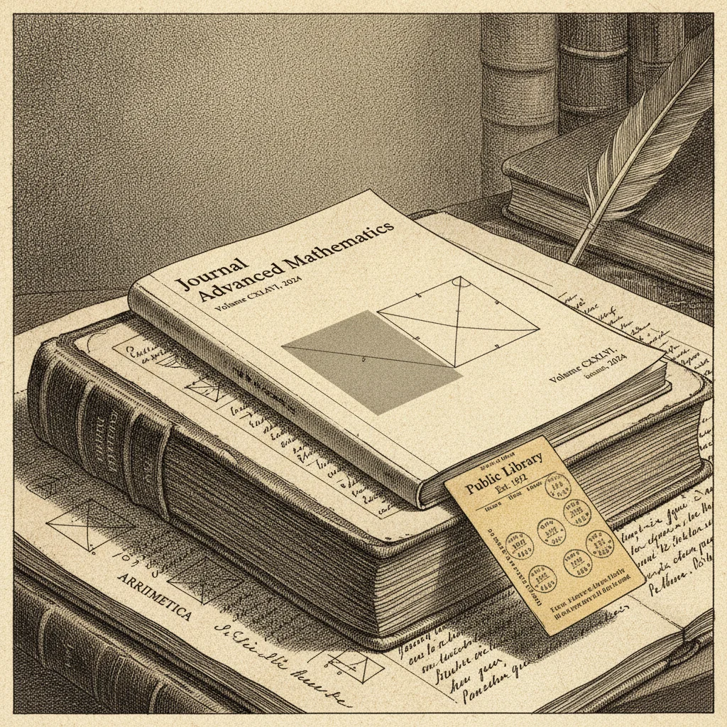 The old Arithmetica open at its margin note, a modern mathematics journal resting on top, a child's library card tucked between the pages as a bookmark
