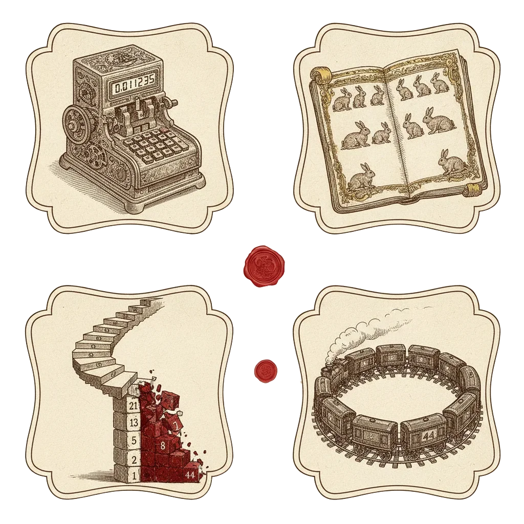 Four-panel recap: calculator reading 0.011235, Fibonacci's rabbit manuscript, the staircase with 13 spilling into 8, and the 44-carriage circular train