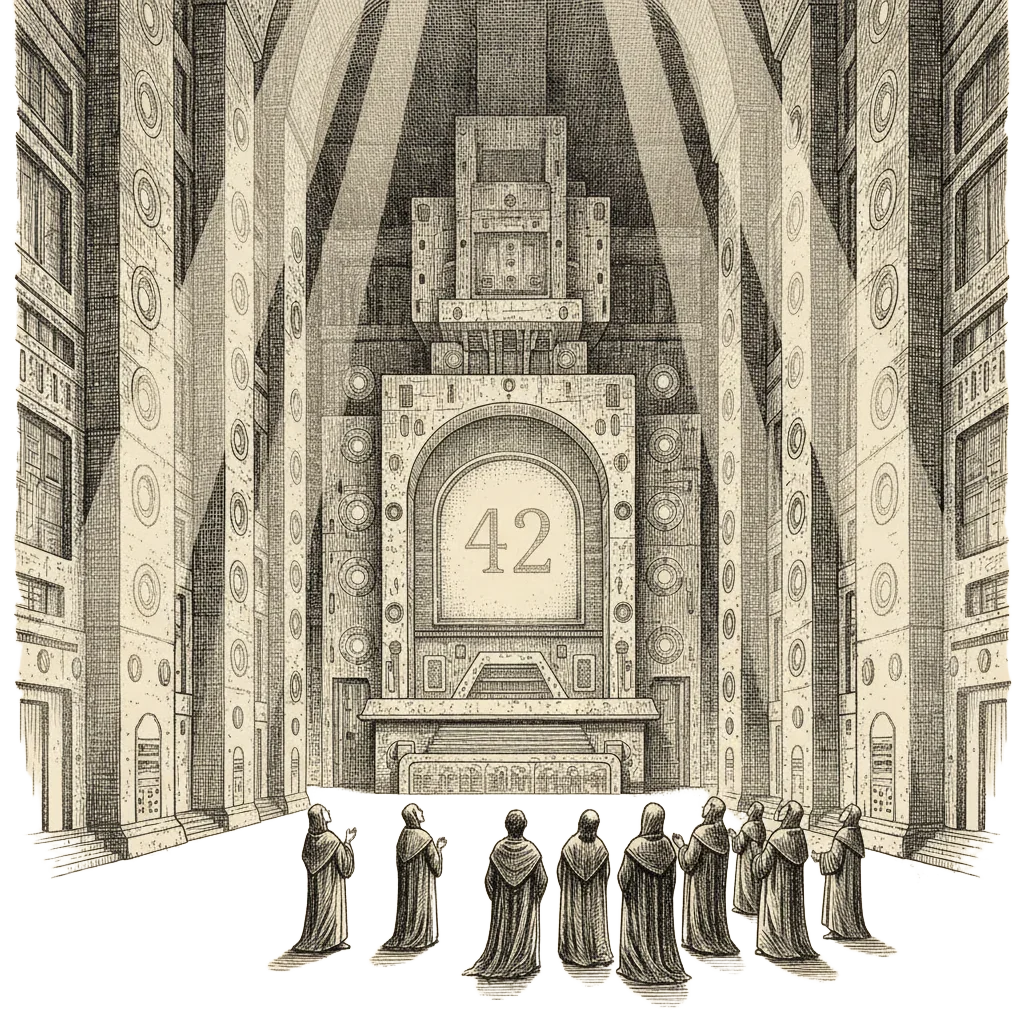 Vintage ink engraving of an enormous ancient computer glowing in a vast hall, a crowd of expectant figures before it, the number 42 appearing on its screen