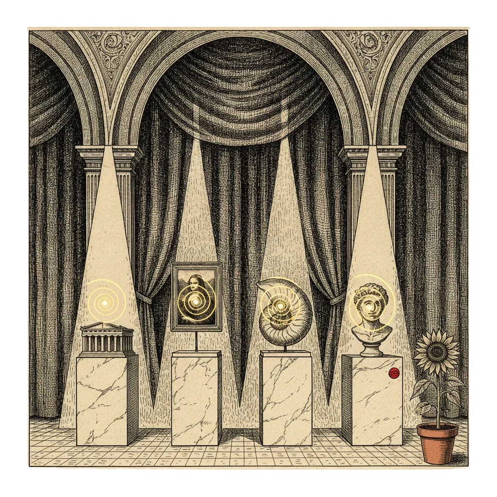 A grand museum gallery with famous golden ratio exhibits on spotlit plinths - a Parthenon model, a Renaissance portrait, a nautilus shell, a classical face - each with a golden spiral overlay; a single unlit sunflower sits forgotten in the corner