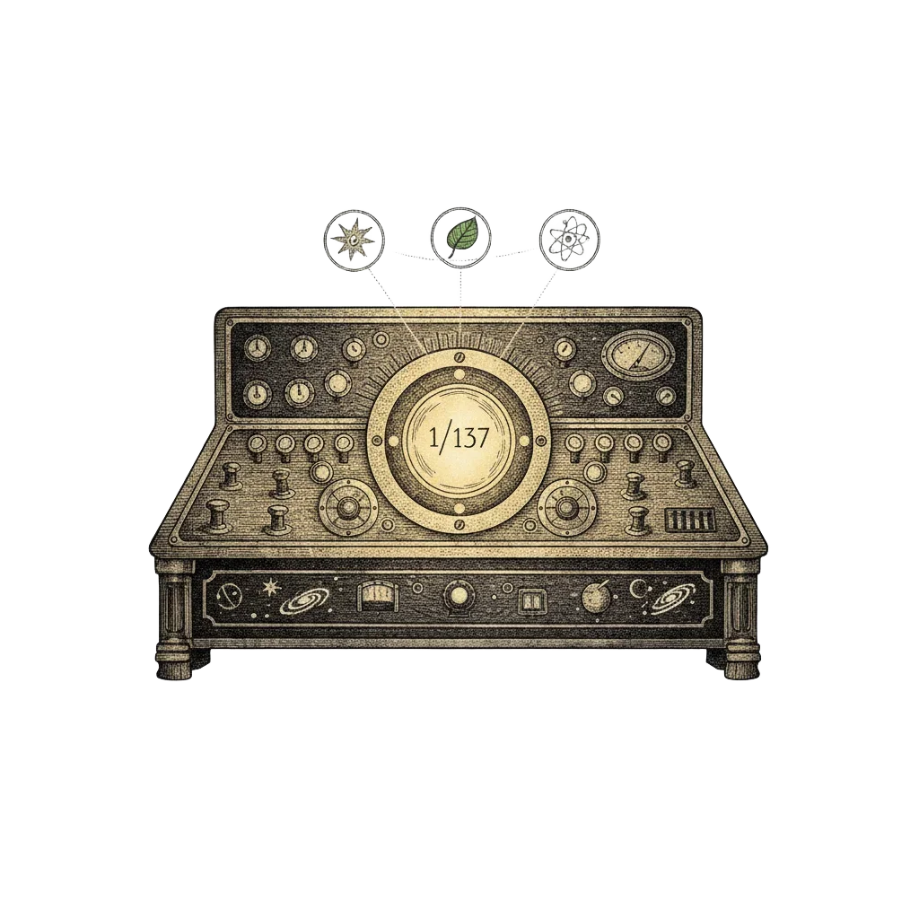 A cosmic control panel with many dials, one glowing dial marked 1/137, stars, atoms and a tiny leaf along the edges