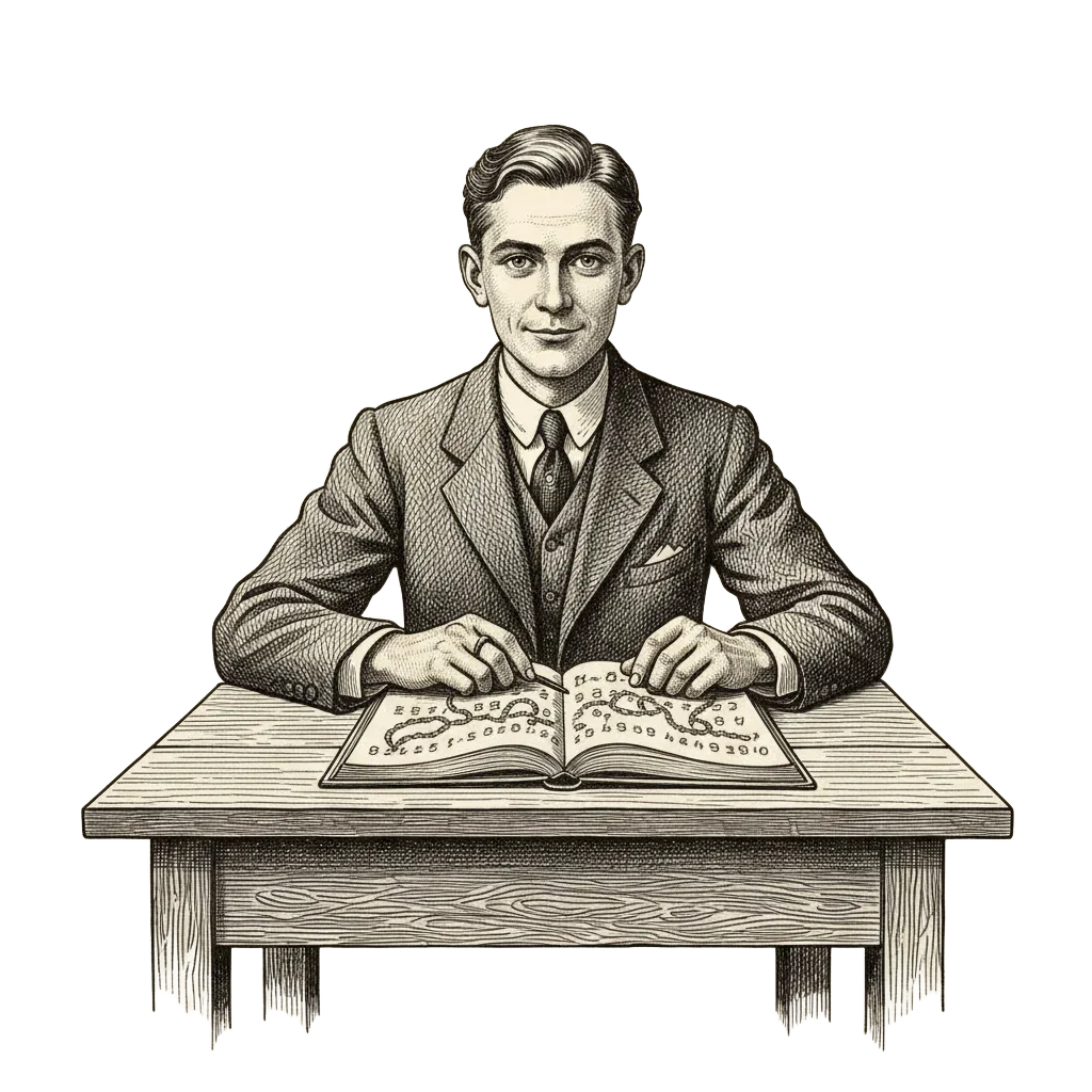 Ink etching of a young Lothar Collatz at a wooden desk in 1930s Germany, notebook open with chains of numbers, chalkboards and notes in the background
