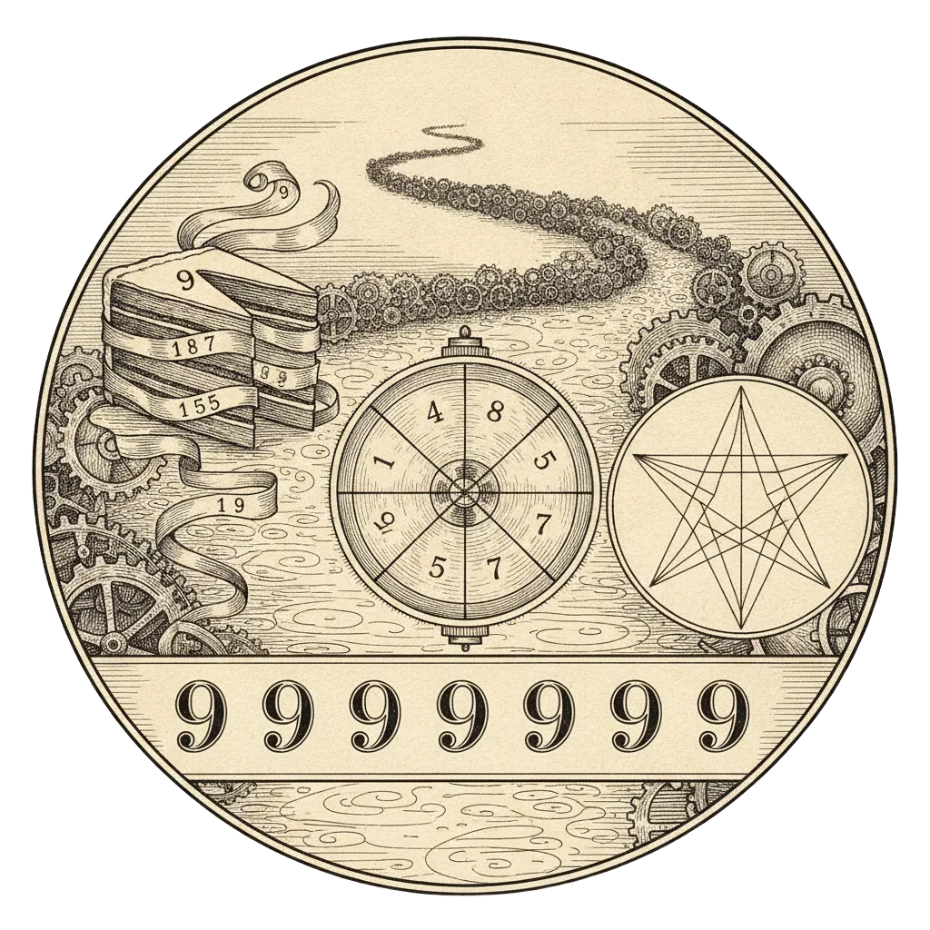 A final illustrated panel combining the turning digit wheel, the row of six nines, the cake cut into sevenths, the enneagram star, and the road of wheels vanishing into the distance