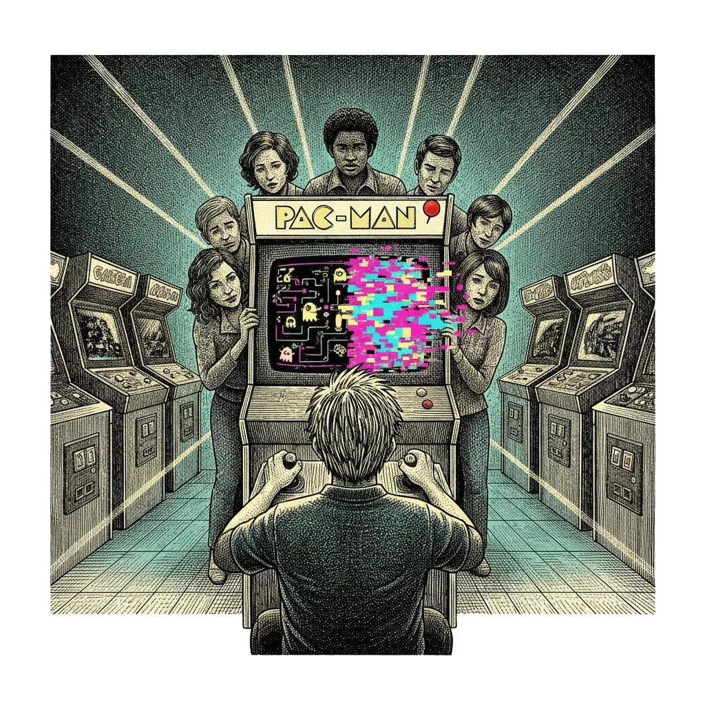 A dim 1980s arcade at night with neon glow. One Pac-Man cabinet shows a normal maze on the left and glitching chaos on the right. A small crowd leans in behind the player.