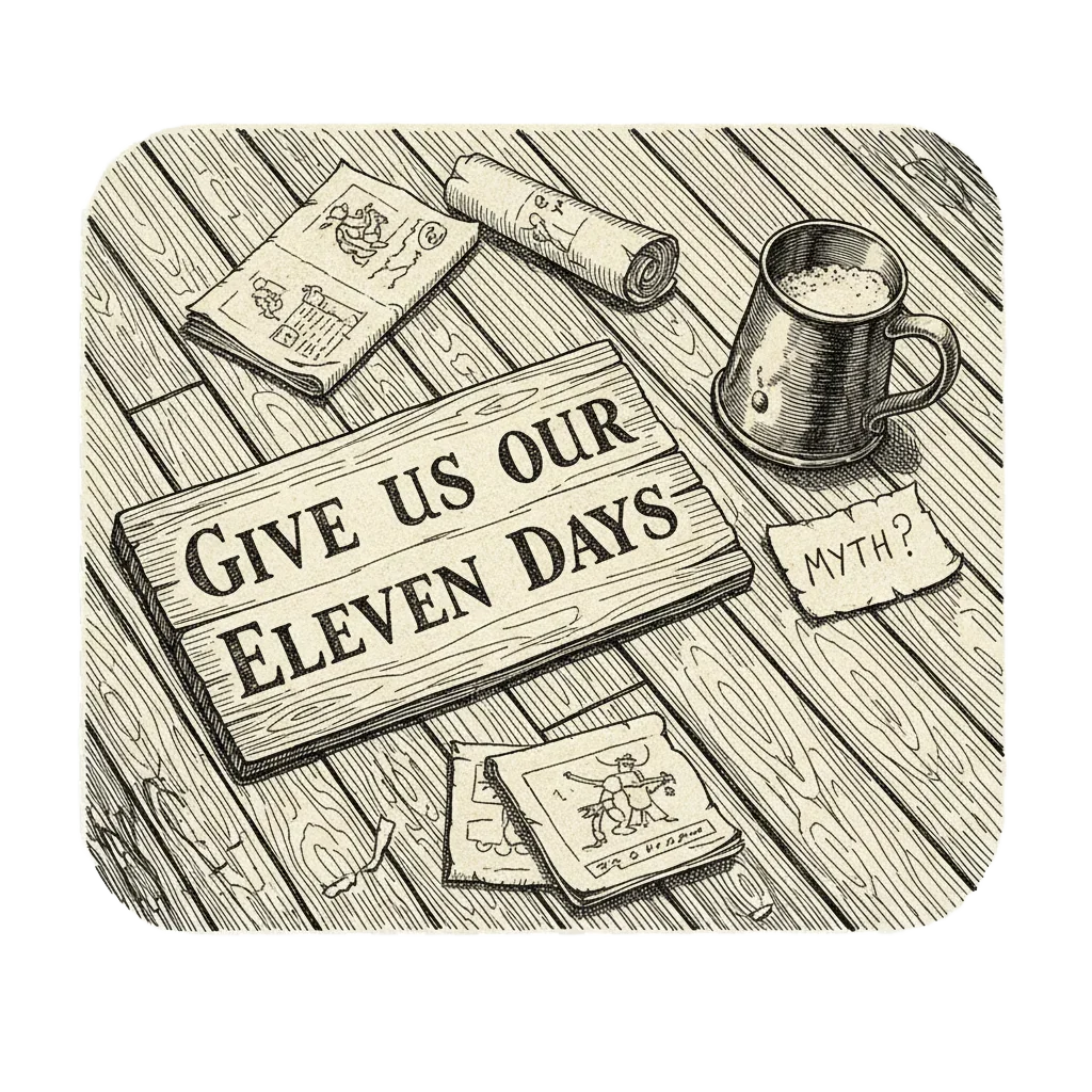 A satirical engraving style placard reading Give us our Eleven Days lying on a tavern floor, with a small MYTH label beside it