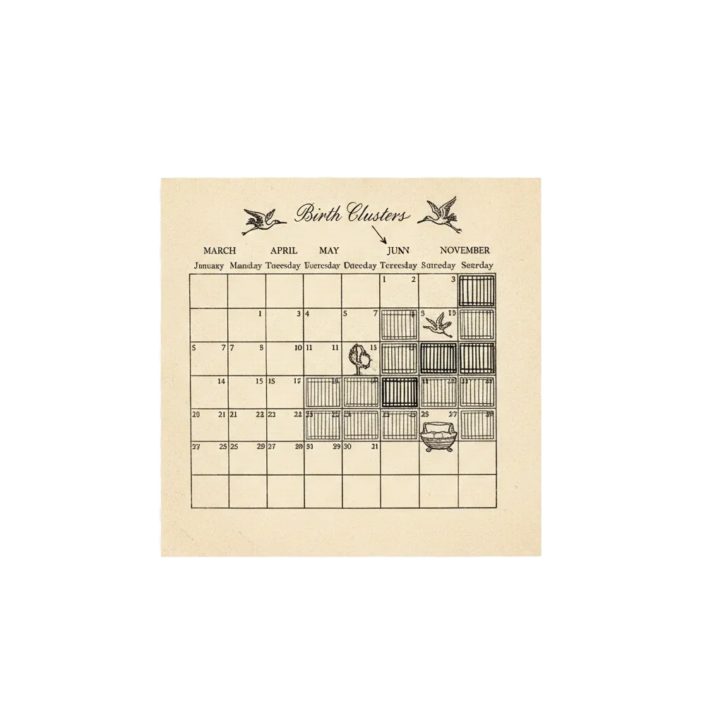 Ink illustration of a calendar with some weeks drawn more boldly, suggesting births cluster at certain times of year