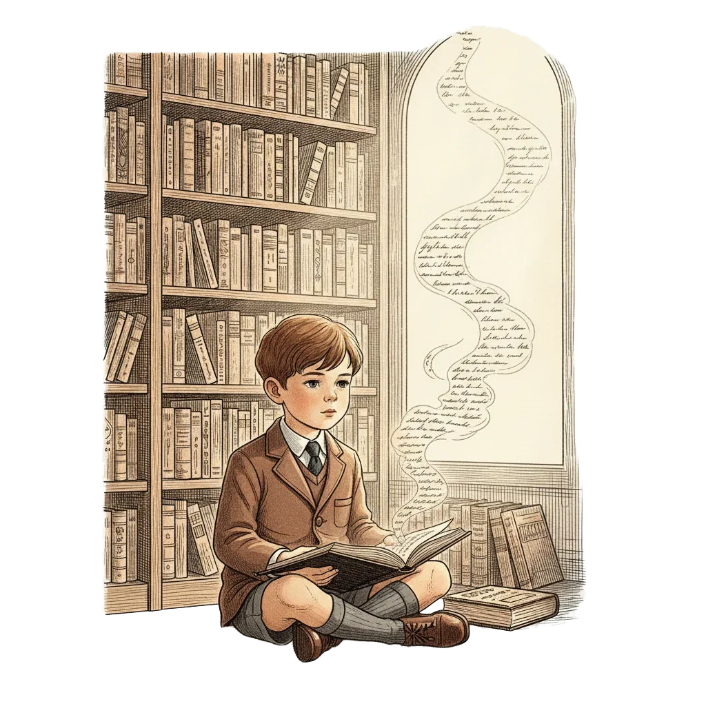 A small boy in 1960s school uniform sitting in a library, a book open on his knees, light through a tall window, ghostly handwriting drifting up from the pages