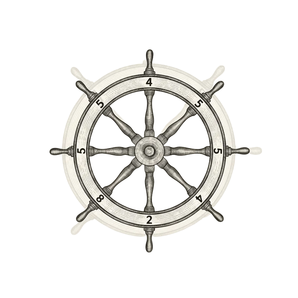Six digits 1, 4, 2, 8, 5, 7 arranged around an ornate wheel, with faint echoes of the wheel turning and a glimmering row of nines in the distance