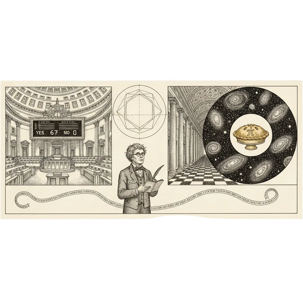 Recap ink illustration panel combining: the Indiana chamber with 67-0 tally, Professor Waldo in the corridor, Archimedes 96-sided polygon, an endless digit ribbon, a universe circle, and a Pi Day pie at the centre