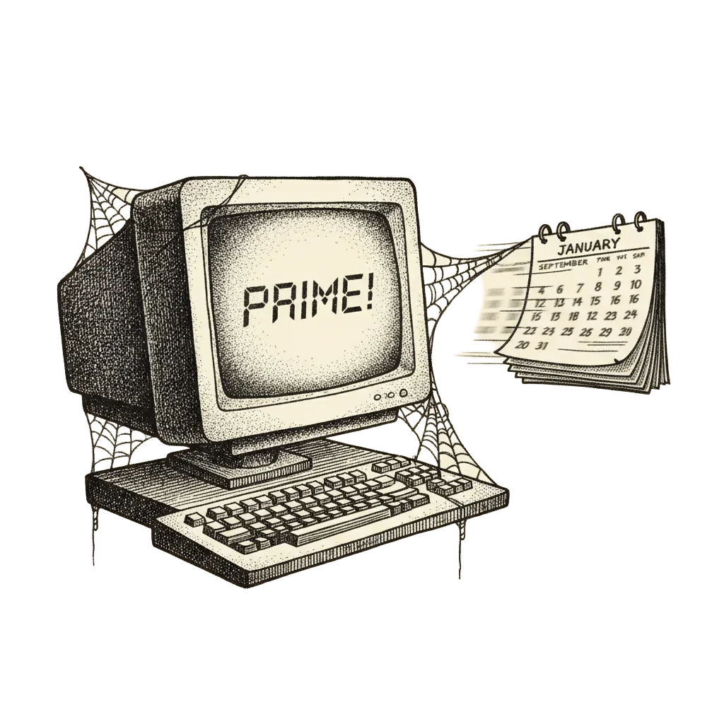 A computer screen flashing PRIME! in an empty office while cobwebs form and a calendar flips from September to January