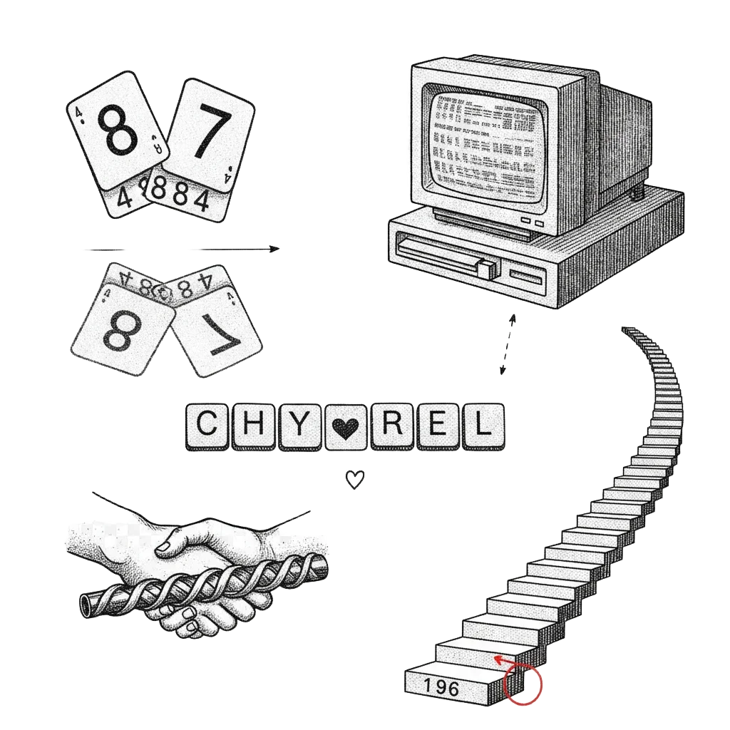 A final illustrated panel combining: digit cards flipping to 4884, Walker's workstation, a relay baton of digits, the Cheryl to Lychrel anagram, and 196 climbing its staircase