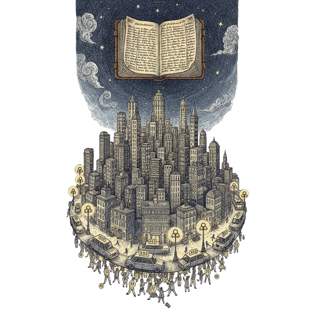 A vast glowing city at night where every building, car and streetlamp carries a numbered address tag, while a huge old ledger floating in the sky shows its last page completely full