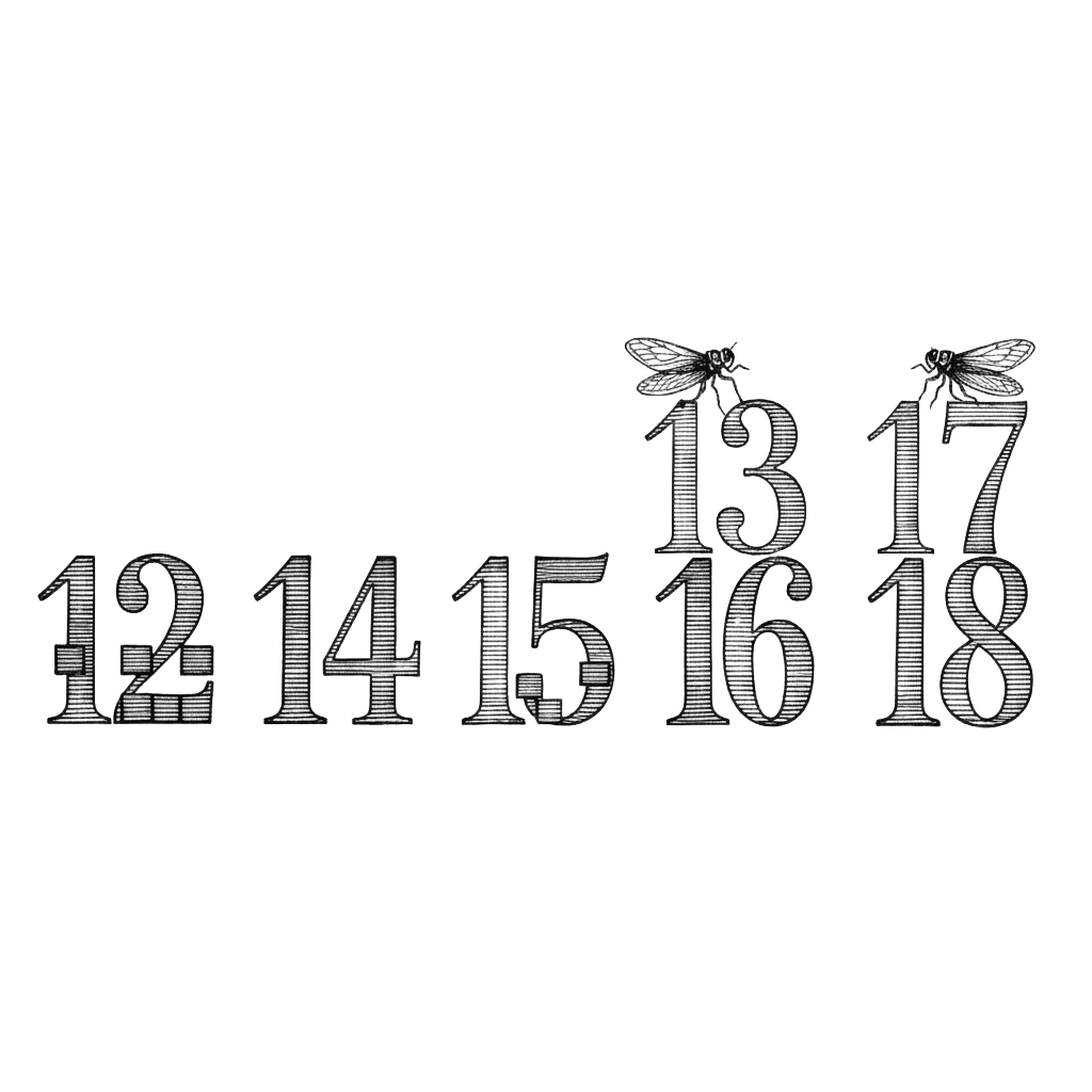 Playful illustration of the numbers 12 through 18 as characters. The non-primes break apart into smaller equal blocks while 13 and 17 stand solid and unbroken, each with a cicada perched on top