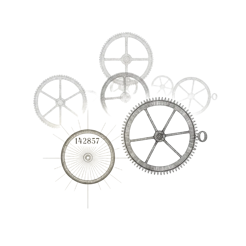 A neat six-digit wheel for 142857 glowing with completeness beside a larger wobbly 16-digit wheel with an awkward 0 sticking out, and further larger wheels fading into the distance