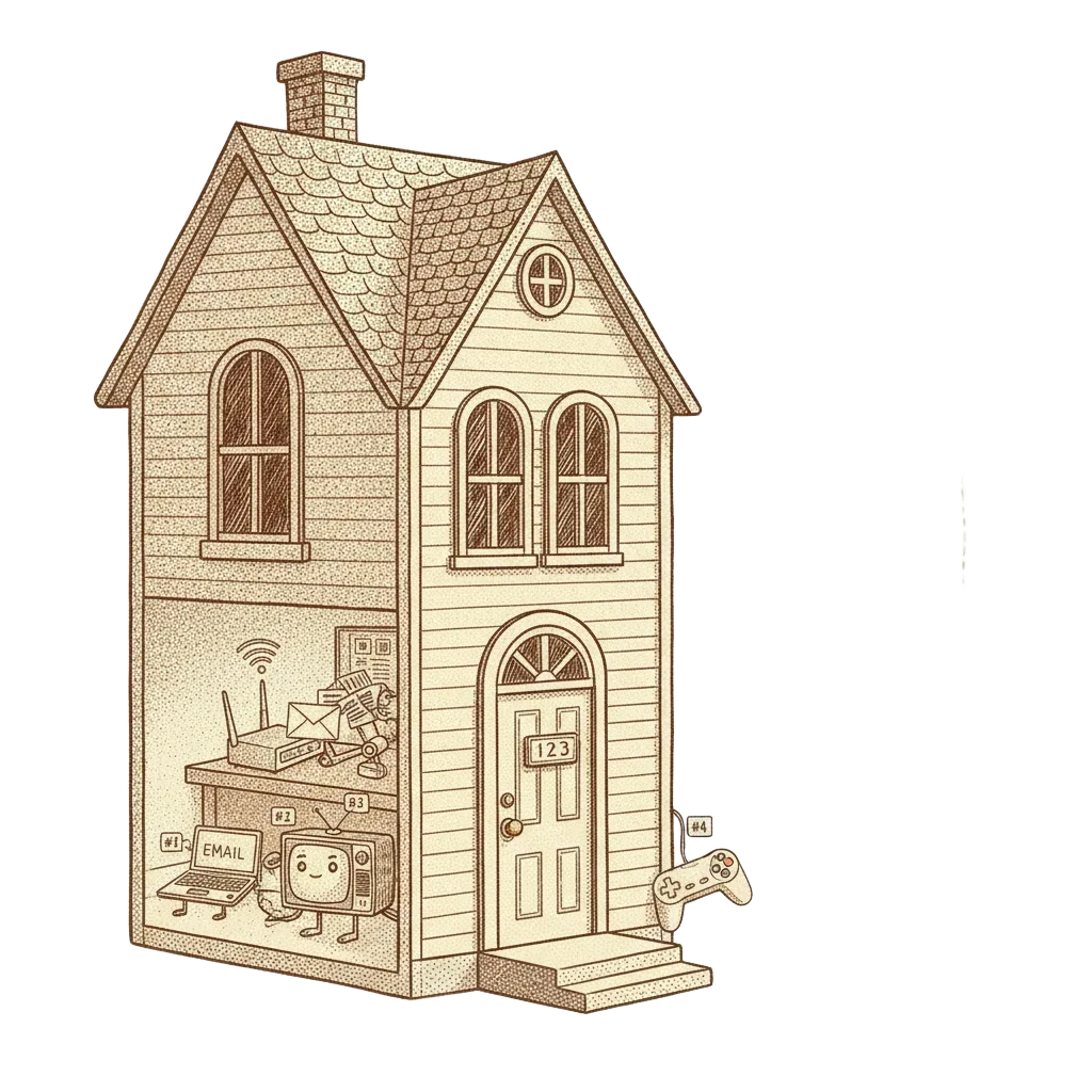 A house with a single address plate on the door, the router inside acting as a post-sorting desk handing envelopes to a phone, laptop, TV and games console, with one public address connecting outside