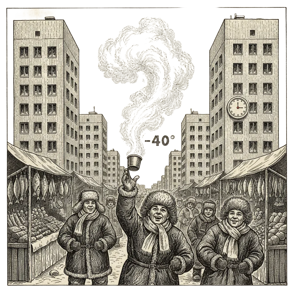 A Siberian city street in deep winter, apartment blocks and market stalls, people in fur hats and scarves, a public thermometer reading −40°, a person tossing water that turns to ice mist