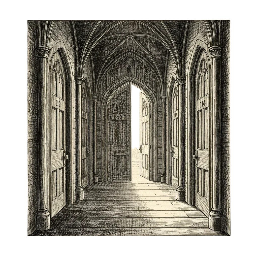 Ink illustration of a long corridor of numbered doors, the door marked 42 open with light spilling out, further doors still shut with one labelled 114