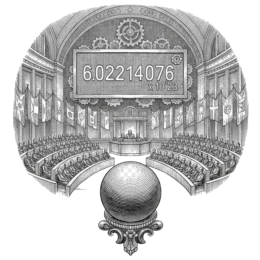 A grand ceremonial hall with delegates and flags, a large display showing 6.02214076 times ten to the 23, with the silicon sphere on a pedestal