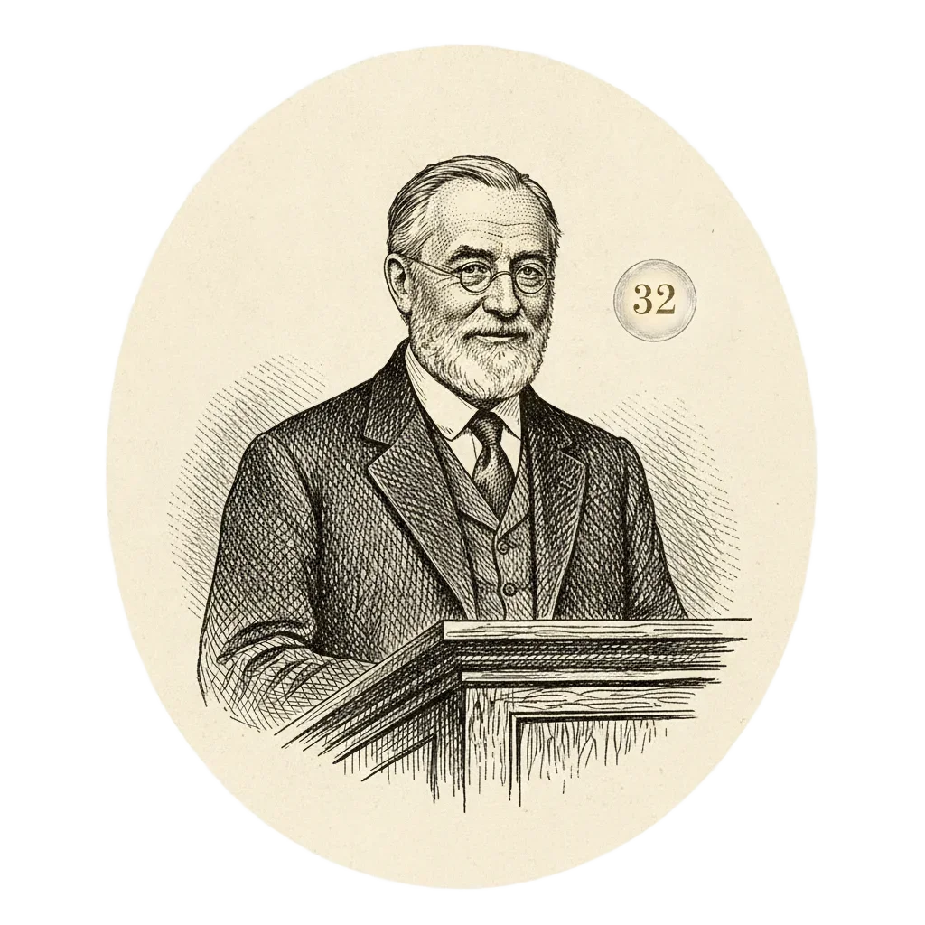 Portrait vignette of an older Vint Cerf at a lectern, smiling ruefully, a glowing number 32 floating beside him