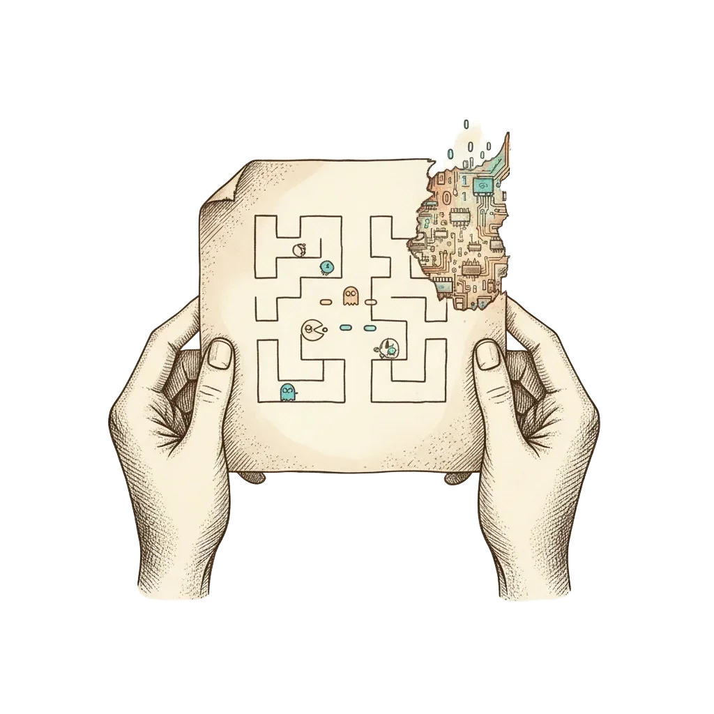 A Pac-Man maze drawn on a small square of paper, held in two hands. At the right edge the paper is torn, and behind it glowing circuit boards and binary digits show through.