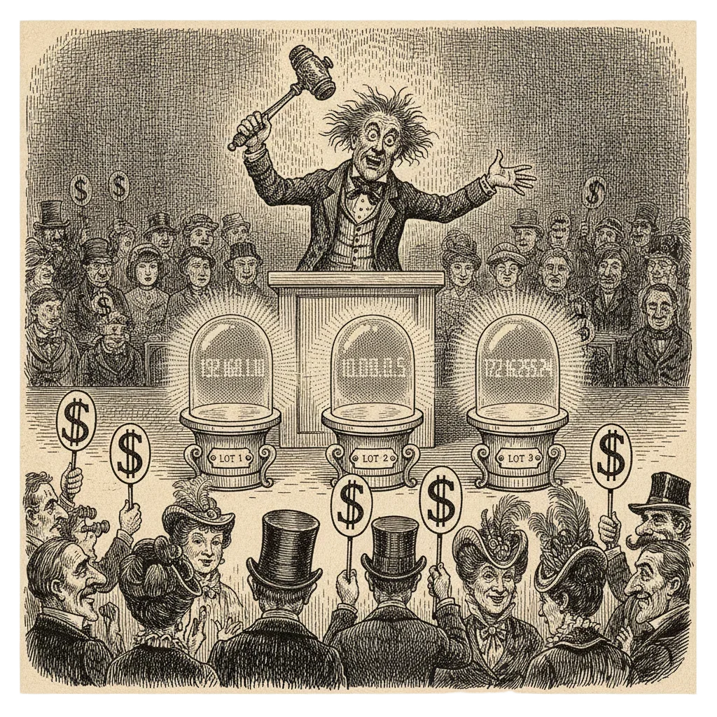 An auction house scene where an auctioneer raises a gavel while bidders hold dollar-sign paddles and glass cases display glowing IP addresses like jewels