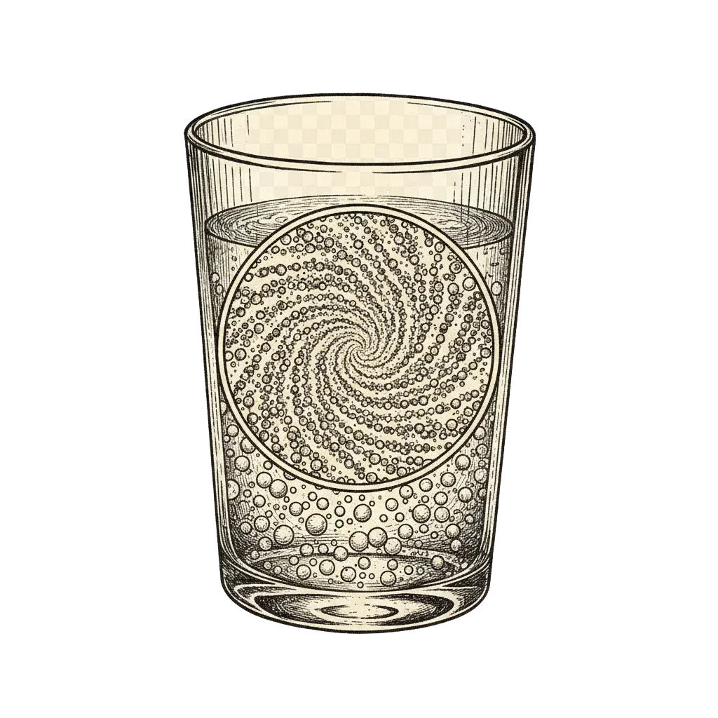 A glass of water on a sunny kitchen table, with the water dissolving into a shimmering galaxy of countless tiny molecules