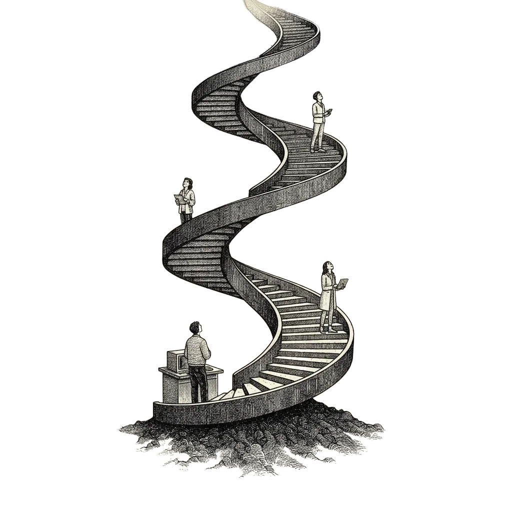 The spiral staircase seen from far away, rising into stars; tiny figures from different eras standing on landings looking upward; a faint glow at the very top