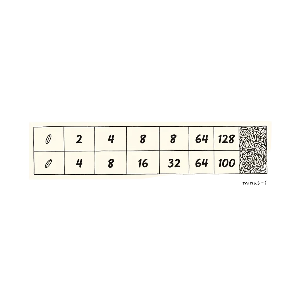 A single grain of rice doubling across a row of squares, with a minus 1 at the end
