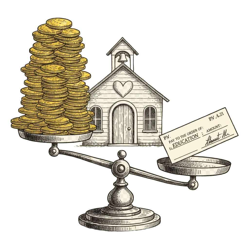 A scale with an enormous stack of coins on one side and a small cheque on the other, with a schoolhouse and heart behind