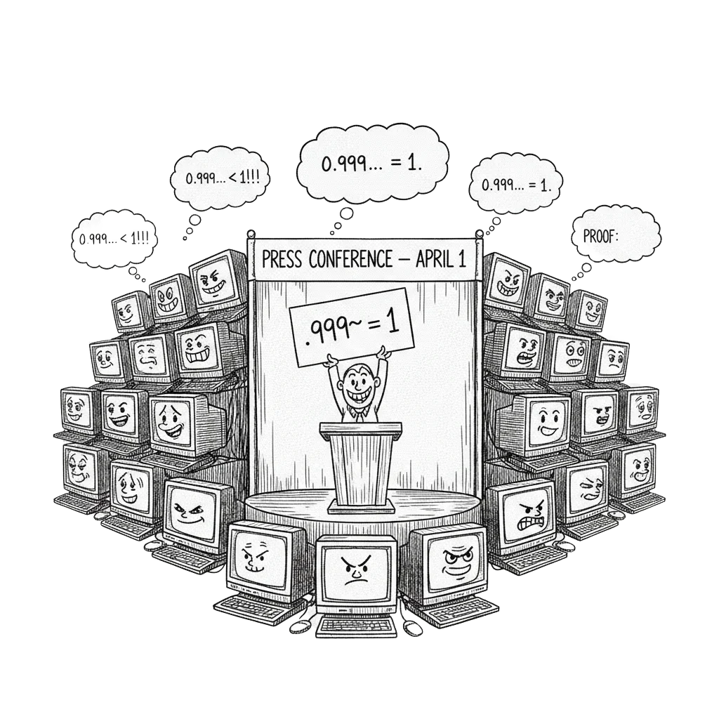 Comic illustration of glowing computer monitors with arguing faces, speech bubbles reading 0.999 less than 1 and 0.999 equals 1 PROOF, and a press conference podium with April 1 banner