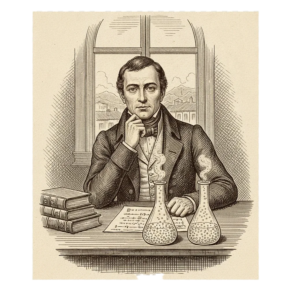 Avogadro at his desk in Turin, two equal flasks of gas molecules before him, law books pushed aside