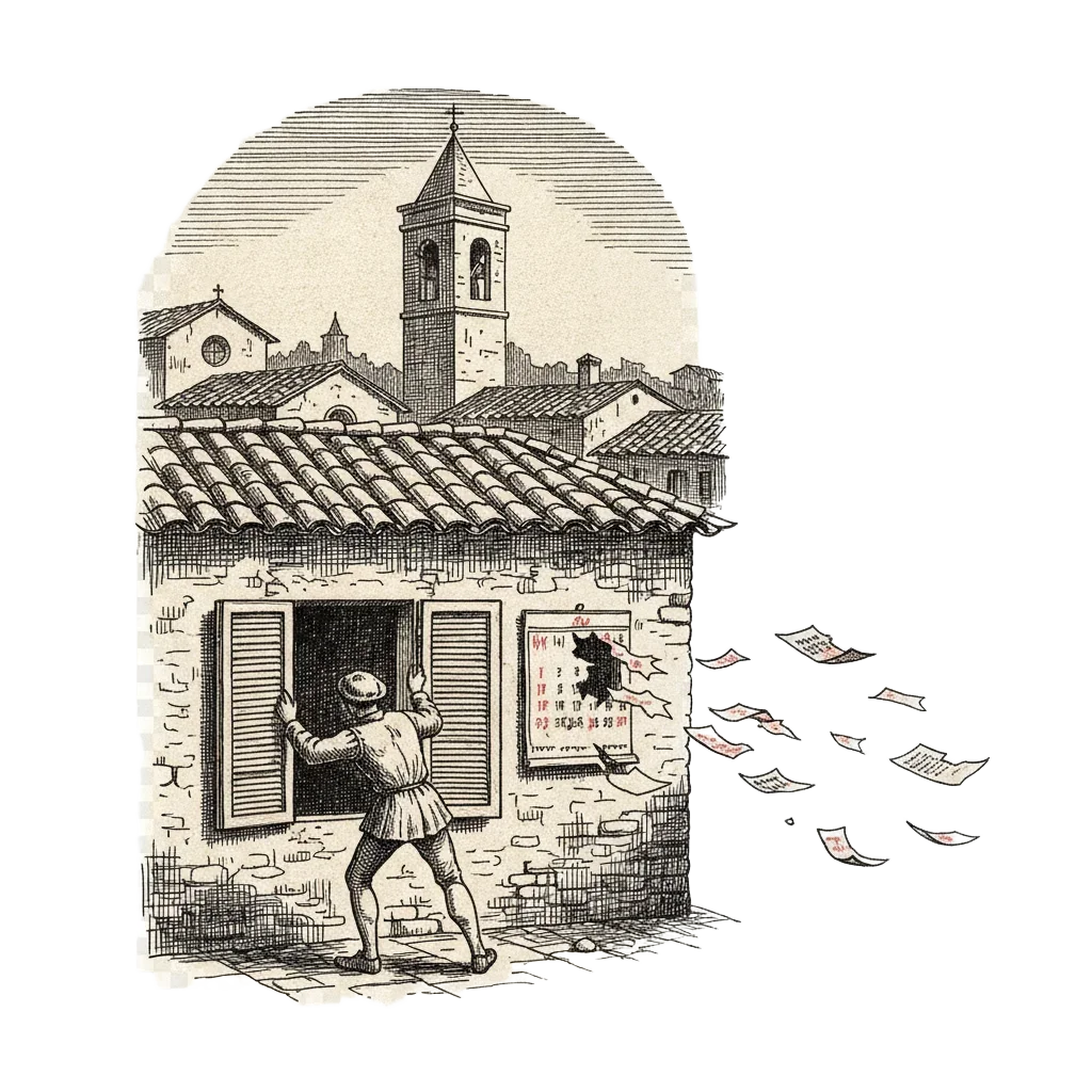 A 16th-century Italian town at dawn with a calendar on the wall, ten days torn out, the loose pages fluttering away on the morning wind