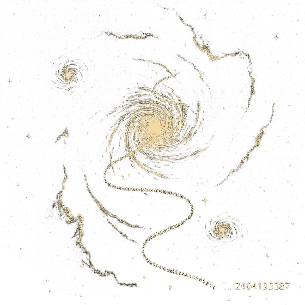 Deep space illustration of galaxies and stars, with a line of tiny digits stretching beyond the last galaxy, ending in …2464195387 lit in the corner