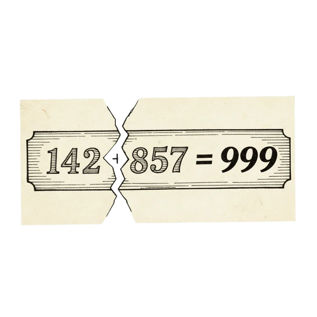 The number 142857 snapped in half like a biscuit, the two pieces 142 and 857 combining to make 999