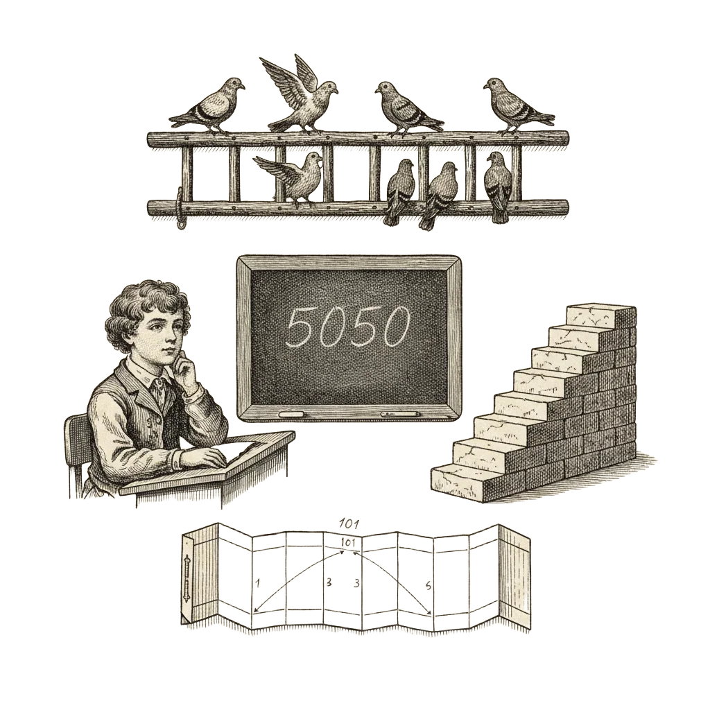 Summary panel illustration combining the schoolroom slate, young Gauss, the folded number strip, two staircases forming a rectangle, and Alcuin's ladder of pigeons
